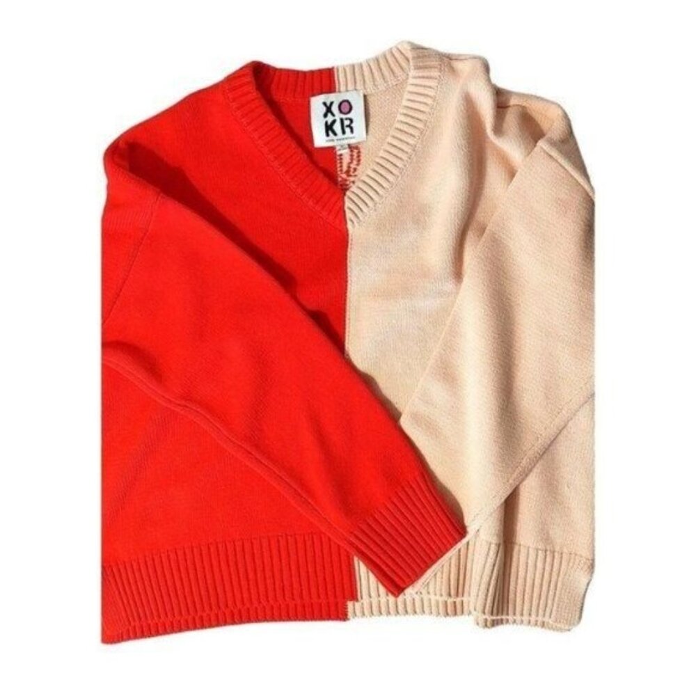 Kerri Rosenthal Sweater M Cotton Red Pink Colorblock Radiant Heart V-Neck NEW - Picture 8 of 16